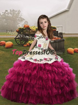 Fuchsia Ball Gowns Spaghetti Straps Sleeveless Organza Floor Length Lace Up Embroidery and Ruffled Layers Little Girls Pageant Dress