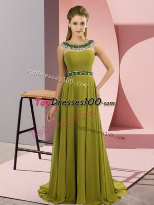 Brush Train Empire Prom Party Dress Olive Green Scoop Chiffon Sleeveless Zipper