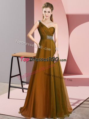 High End Brown Sleeveless Brush Train Beading Evening Dress