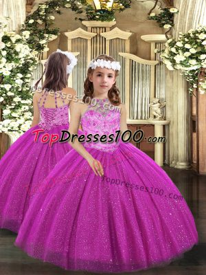 Charming Halter Top Sleeveless Lace Up Winning Pageant Gowns Fuchsia Tulle