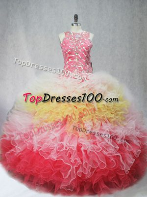 Dynamic Sleeveless Floor Length Beading and Ruffles Zipper 15th Birthday Dress with Multi-color