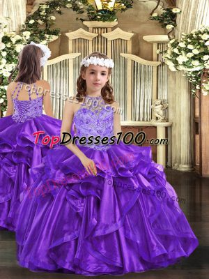 Modern High-neck Sleeveless Organza Pageant Gowns For Girls Beading and Ruffles Lace Up