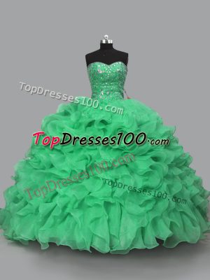 Modern Green Halter Top Lace Up Beading and Ruffles Vestidos de Quinceanera Sleeveless