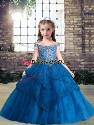 Blue Sleeveless Beading and Appliques Floor Length Pageant Dress for Womens