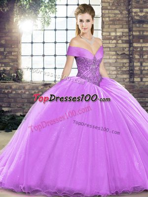 Sleeveless Organza Brush Train Lace Up Sweet 16 Dress in Lavender with Beading