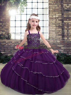 Straps Sleeveless Lace Up Little Girls Pageant Dress Eggplant Purple Tulle