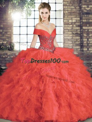 On Sale Coral Red Ball Gowns Beading and Ruffles Sweet 16 Dress Lace Up Tulle Sleeveless Floor Length