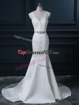White Satin Backless Wedding Dress Sleeveless Brush Train Beading and Lace