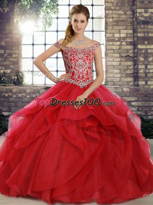 Red Ball Gowns Off The Shoulder Sleeveless Tulle Brush Train Lace Up Beading and Ruffles Sweet 16 Quinceanera Dress