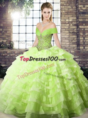 Off The Shoulder Sleeveless Organza 15th Birthday Dress Beading and Ruffled Layers Brush Train Lace Up