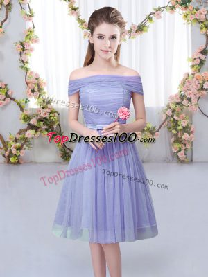 Empire Court Dresses for Sweet 16 Lavender Off The Shoulder Tulle Short Sleeves Knee Length Lace Up