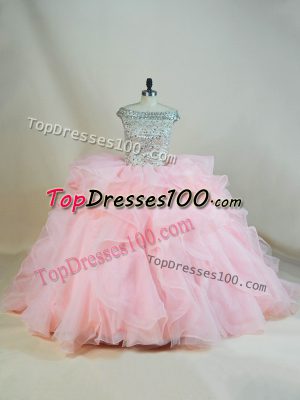 Traditional Ball Gowns Sleeveless Pink 15 Quinceanera Dress Brush Train Lace Up