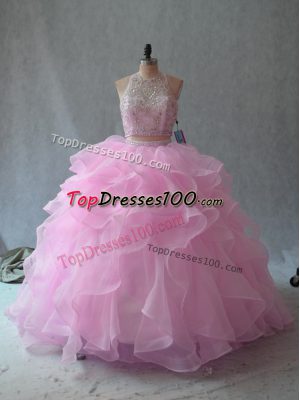 Custom Fit Pink Scoop Neckline Beading and Ruffles Vestidos de Quinceanera Sleeveless Backless