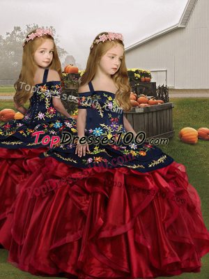 Customized Embroidery and Ruffles Little Girls Pageant Dress Wholesale Wine Red Lace Up Sleeveless Floor Length