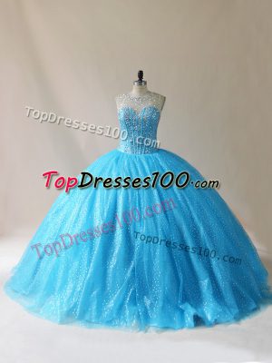 Gorgeous Floor Length Baby Blue Sweet 16 Dresses Scoop Sleeveless Court Train Lace Up