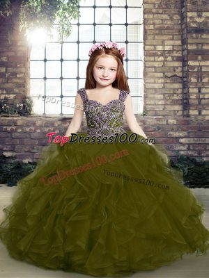 Modern Olive Green Ball Gowns Beading and Ruffles Winning Pageant Gowns Lace Up Tulle Sleeveless Floor Length