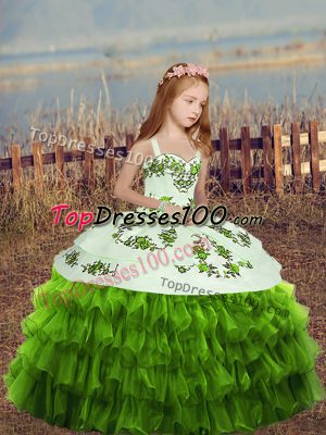Custom Designed Green Organza Lace Up Straps Sleeveless Floor Length Little Girls Pageant Dress Wholesale Embroidery and Ruffled Layers