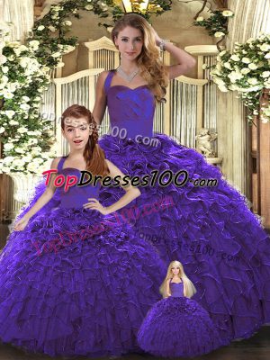 Flare Purple Lace Up Quinceanera Gown Ruffles Sleeveless Floor Length