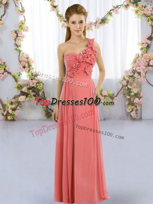 Chiffon One Shoulder Sleeveless Lace Up Hand Made Flower Bridesmaids Dress in Watermelon Red