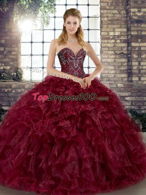 Dazzling Organza Sweetheart Sleeveless Lace Up Beading and Ruffles Sweet 16 Quinceanera Dress in Burgundy