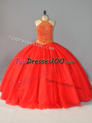 Beading Quinceanera Gown Red Lace Up Sleeveless Floor Length