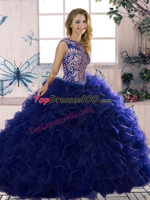 Perfect Purple Quinceanera Dresses Military Ball and Sweet 16 and Quinceanera with Beading and Ruffles Scoop Sleeveless Lace Up