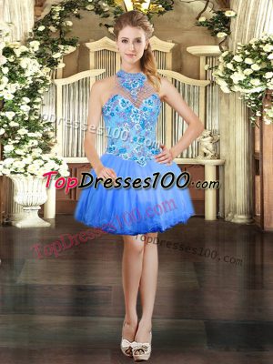 Beauteous Ball Gowns Pageant Dress Toddler Blue Halter Top Tulle Sleeveless Mini Length Lace Up