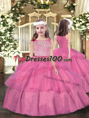 Pink Zipper Kids Formal Wear Beading and Ruffled Layers Sleeveless Floor Length