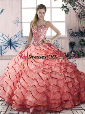 Organza Sleeveless Quinceanera Gown Brush Train and Beading and Ruffled Layers