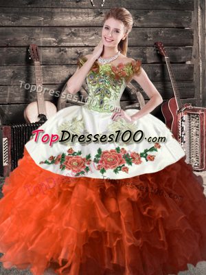 Glittering Rust Red Sweet 16 Dress Sweet 16 and Quinceanera with Embroidery and Ruffles Off The Shoulder Sleeveless Lace Up