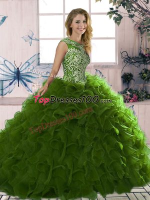 Cheap Sleeveless Organza Floor Length Lace Up Quinceanera Gown in Olive Green with Beading and Ruffles