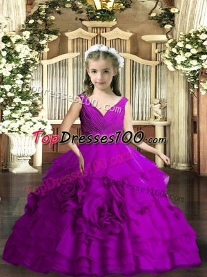 Floor Length Purple Kids Formal Wear Organza Sleeveless Beading and Ruching