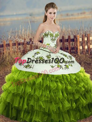 Noble Olive Green Ball Gowns Embroidery and Ruffled Layers and Bowknot Sweet 16 Quinceanera Dress Lace Up Organza Sleeveless Floor Length