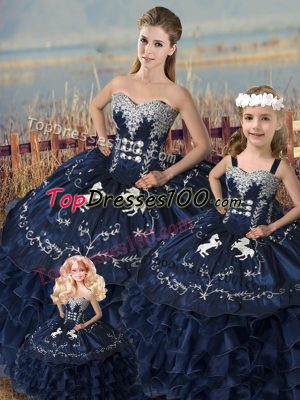 Navy Blue Ball Gowns Satin and Organza Sweetheart Sleeveless Embroidery and Ruffles Floor Length Lace Up Quinceanera Gowns