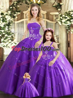Delicate Floor Length Purple Quince Ball Gowns Tulle Sleeveless Beading