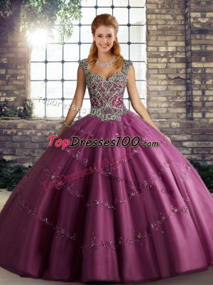 Admirable Fuchsia Straps Neckline Beading and Appliques Quinceanera Gown Sleeveless Lace Up