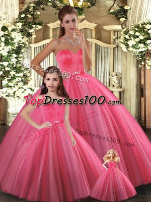 Coral Red Ball Gowns Tulle Sweetheart Sleeveless Beading Floor Length Lace Up Ball Gown Prom Dress