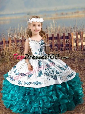 Stunning Teal Straps Neckline Embroidery and Ruffles Pageant Dress Womens Sleeveless Lace Up