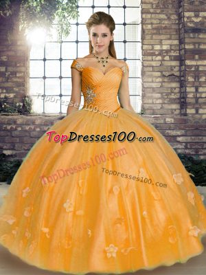 Vintage Beading and Appliques Sweet 16 Quinceanera Dress Orange Lace Up Sleeveless Floor Length