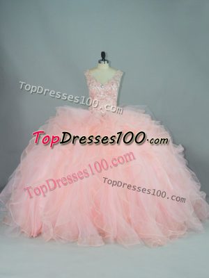 Customized Peach Sweet 16 Dress Quinceanera with Ruffles V-neck Sleeveless Lace Up