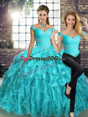 Cheap Lace Up 15 Quinceanera Dress Aqua Blue for Military Ball and Sweet 16 and Quinceanera with Beading and Ruffles Brush Train