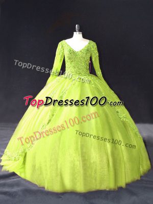 Yellow Green Long Sleeves Lace and Appliques Floor Length Quinceanera Gown