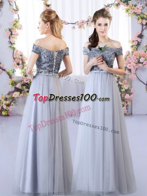 Elegant Off The Shoulder Sleeveless Lace Up Dama Dress Grey Tulle