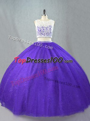 Graceful Purple Two Pieces Tulle Scoop Sleeveless Appliques Floor Length Zipper Quince Ball Gowns