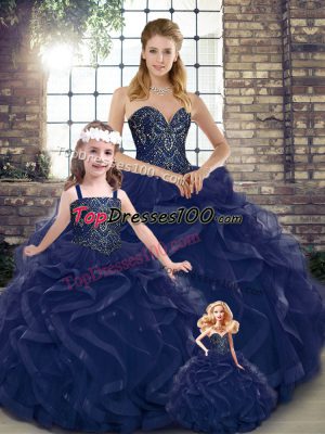 Tulle Sweetheart Sleeveless Lace Up Beading and Ruffles Quinceanera Dresses in Navy Blue