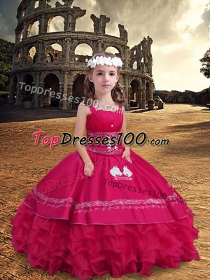 Best Sleeveless Floor Length Embroidery and Ruffled Layers Zipper Little Girls Pageant Dress with Hot Pink