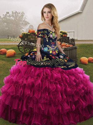 Pretty Sleeveless Floor Length Embroidery and Ruffled Layers Lace Up Sweet 16 Quinceanera Dress with Fuchsia