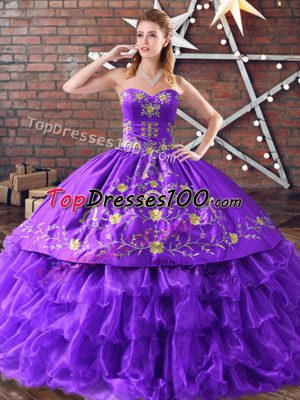 Purple Ball Gowns Embroidery 15 Quinceanera Dress Lace Up Satin and Organza Sleeveless Floor Length