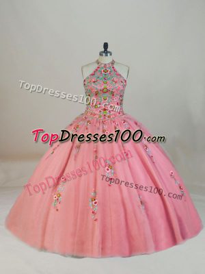 Suitable Pink Sleeveless Tulle Brush Train Lace Up Ball Gown Prom Dress for Sweet 16 and Quinceanera