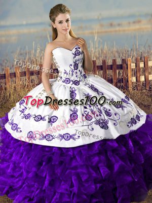Latest White And Purple Ball Gowns Sweetheart Sleeveless Satin and Organza Floor Length Lace Up Embroidery and Ruffles Sweet 16 Dress